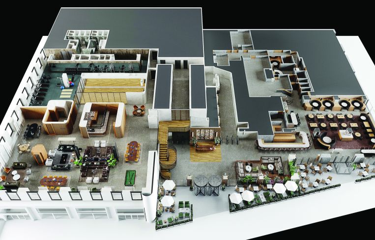An overhead view of the planned renovation at 1740 Broadway, which includes a new wooden staircase between the two floors.