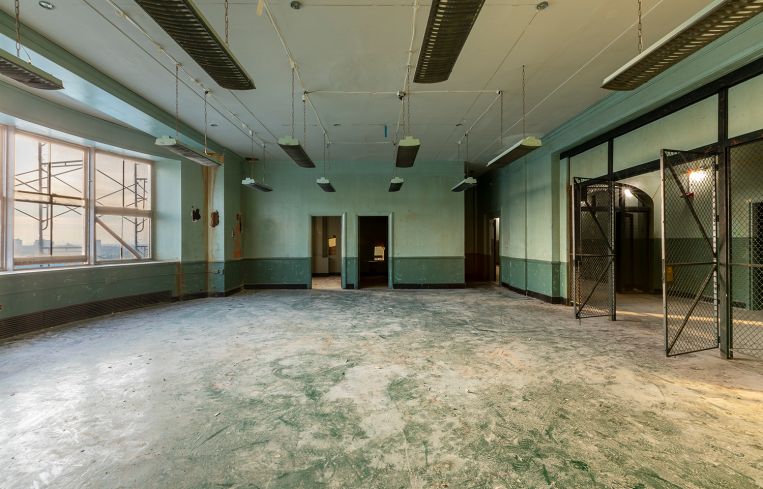 On the ninth floor, an auditorium with a stage and projection room, where visiting thespians would put on plays for sick patients, will be restored with a plaster ceiling and a rounded wood proscenium.