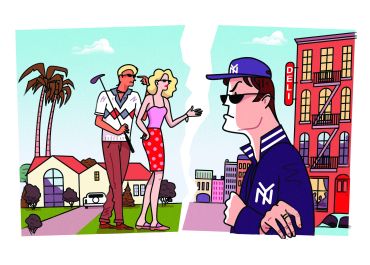 A drawing of a New Yorker looking angrily at Los Angeles' residents.