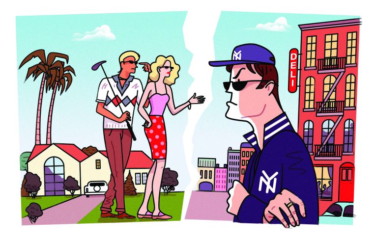 A drawing of a New Yorker looking angrily at Los Angeles' residents.