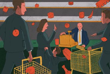 A drawing of a man in a suit at a grocery store.