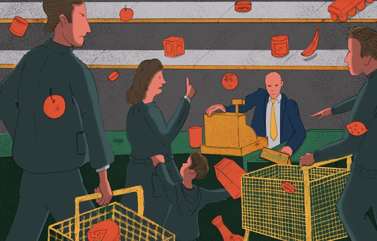 A drawing of a man in a suit at a grocery store.