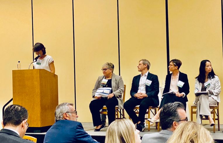 From left, Angie Brooks, managing partner of Brooks + Scarpa, Charmaine Atherton, senior vice president of community development banking at Bank of America, Michael Parks, president and CEO of Flyaway Homes, Tricia Keane, deputy director at L.A. City Planning Department, and Dora Leong Gallo, president and CEO of A Community of Friends.
