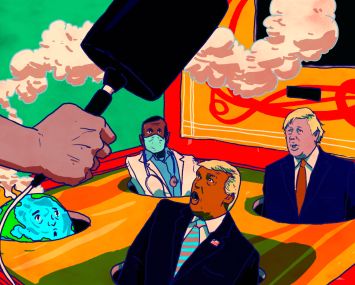 An illustration of a whack-a-mole game featuring Donald Trump, Boris Johnson, a globe on fire, and a doctor.