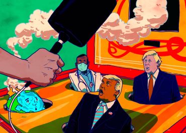 An illustration of a whack-a-mole game featuring Donald Trump, Boris Johnson, a globe on fire, and a doctor.