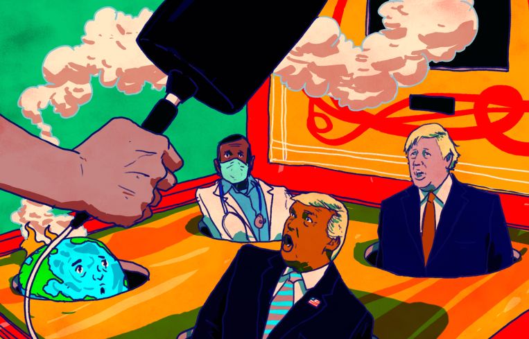 An illustration of a whack-a-mole game featuring Donald Trump, Boris Johnson, a globe on fire, and a doctor.