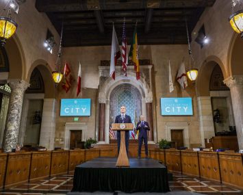 Mayor Eric Garcetti gives his State of the City speech at Los Angeles City Hall.