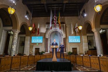 Mayor Eric Garcetti gives his State of the City speech at Los Angeles City Hall.