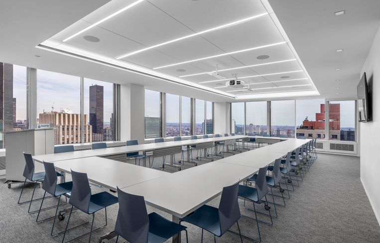 Large conference rooms can be divided with movable walls for smaller meetings and opened up for all-hands gatherings.