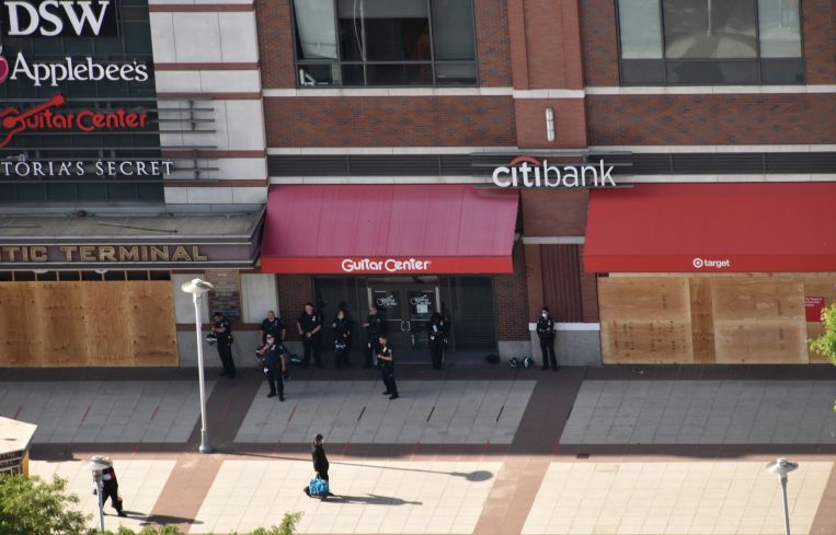 Police officers stationed outside Atlantic Terminal in Brooklyn on the early evening of June 1st.