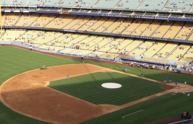 County officials announced that professional sports will do mostly without live audiences, and broadcasters will have to practice physical distancing. Cameras will also be in different locations. Above, Dodgers Stadium in Los Angeles.
