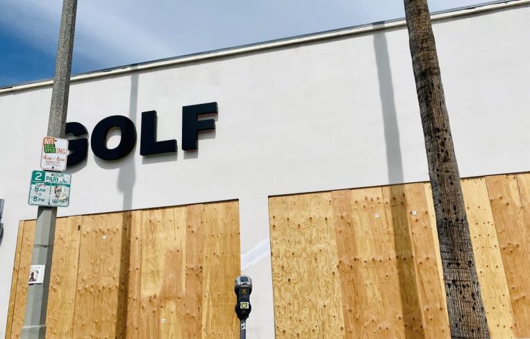 GOLF, the apparel store by award-winning hip-hop artist Tyler the Creator, is boarded up on Fairfax Avenue.