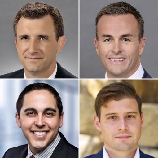 Clockwise from top left, Josh Wrobel and Charlie Smith of JLL, Ben Bucci of LPC West, and Jose Carrazana with Institutional Property Advisors.