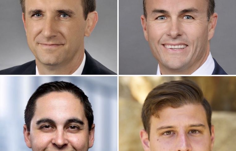 Clockwise from top left, Josh Wrobel and Charlie Smith of JLL, Ben Bucci of LPC West, and Jose Carrazana with Institutional Property Advisors.