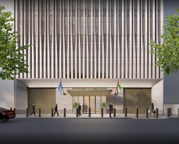The United Arab Emirates' new permanent mission to the UN features a facade inspired by Art Deco New York City landmarks, with a subtle frieze of palm leaves above the entrance.