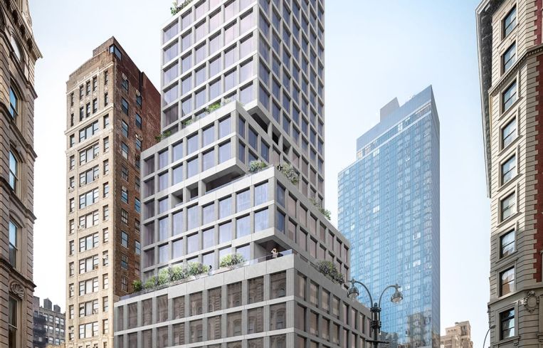 A rendering of the under-construction office tower at 1245 Broadway, which will rise 23 stories.