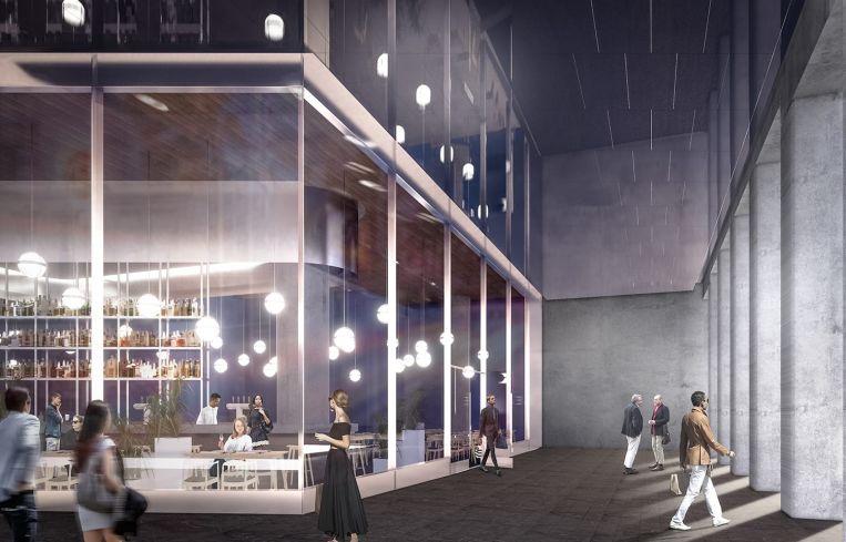 The building's entrance portal and set-back lobby helps create a large arcade in front.