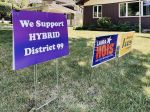 A lawn sign supports a hybrid mix strategy with both in-person and remote learning.