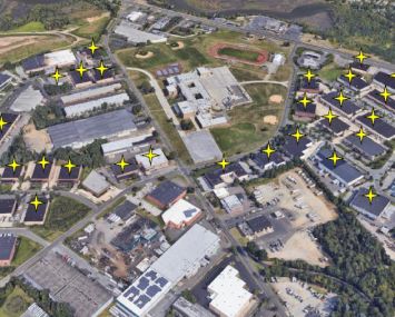 An aerial view of the Twinbridge and Twinbridge West parks and their 32 buildings.
