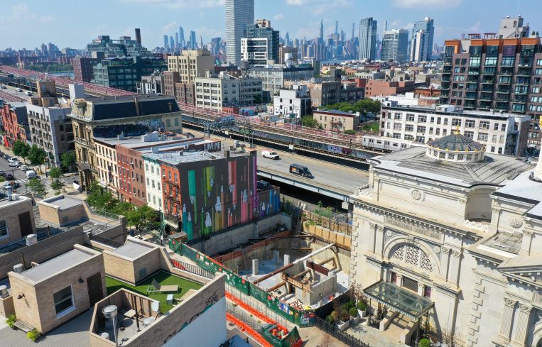 An aerial shot of the 159 Broadway construction site.