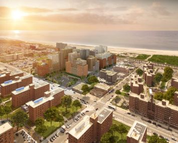 An aerial rendering of a multi-building development on a waterfront.