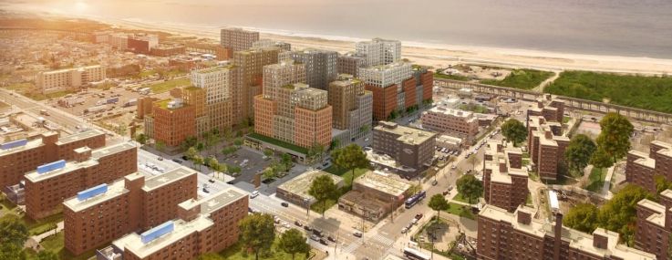 An aerial rendering of a multi-building development on a waterfront.