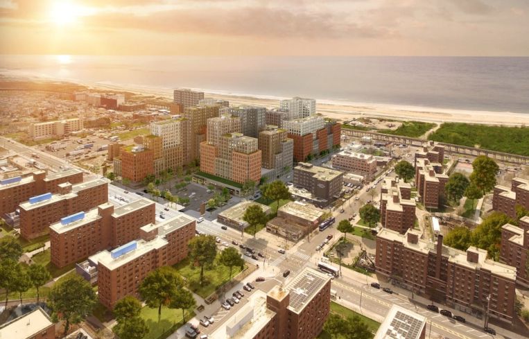 An aerial rendering of a multi-building development on a waterfront.
