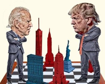 An illustration of two men squaring off across a large chessboard.