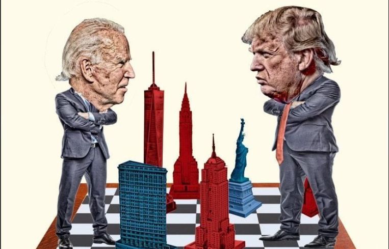 An illustration of two men squaring off across a large chessboard.