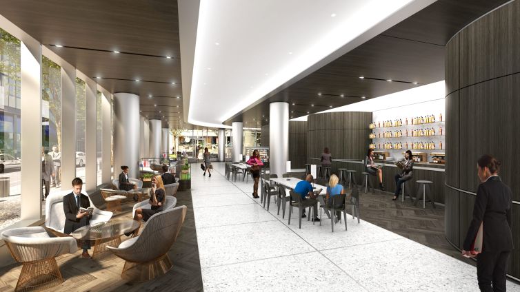 The new lobby will include a cafe and market-style retail stalls, as well as publicly accessible seating. The ground floor is a privately-owned public space. 