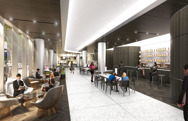 The new lobby will include a cafe and market-style retail stalls, as well as publicly accessible seating. The ground floor is a privately-owned public space.