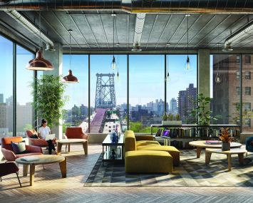 Rendering of a wide-open office with large windows and furniture.