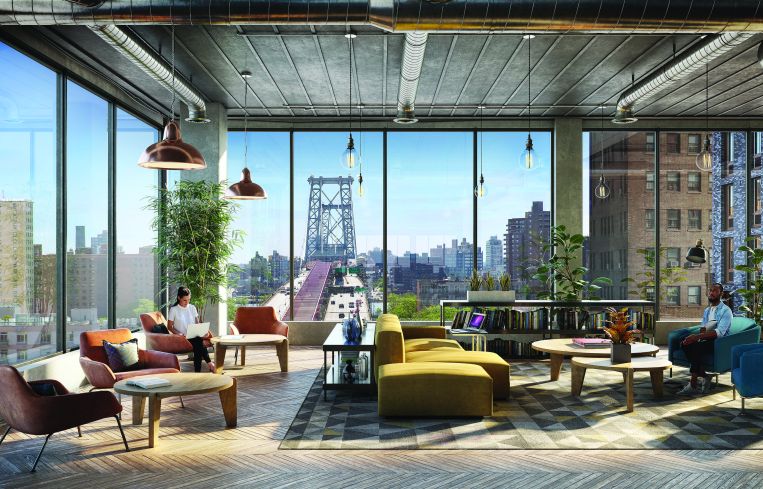 Rendering of a wide-open office with large windows and furniture.