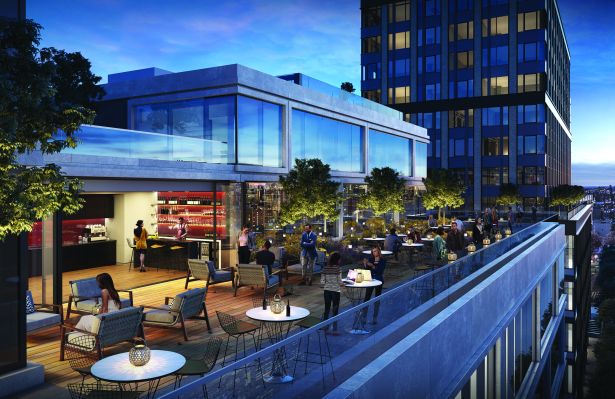 Rendering of an open, rooftop bar.