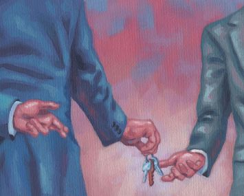 An illustration of two men handing each other keys.