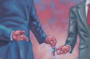 An illustration of two men handing each other keys.