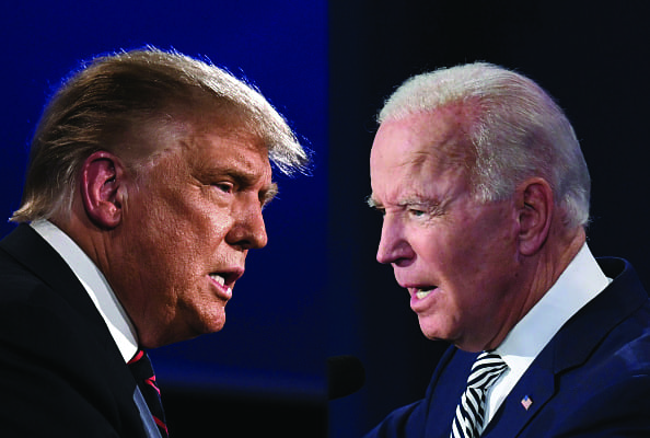 Two older men's heads staring at one another.