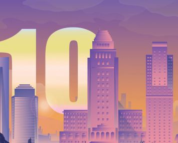 An illustration of buildings with a 10 looming behind it.