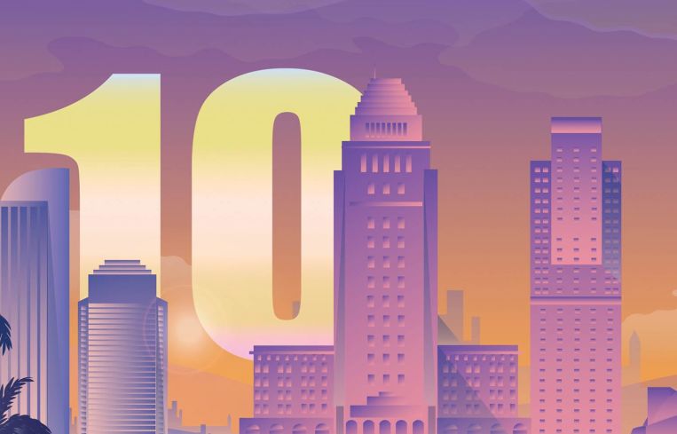 An illustration of buildings with a 10 looming behind it.