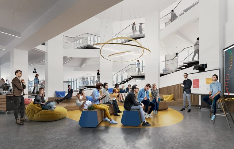 An interior helix-shaped ramp that runs from the second floor to the roof will be converted to conference and cafe space.