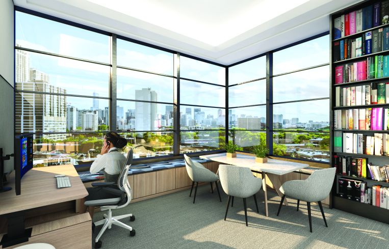 Rendering of a woman at a desk in an office with large windows.