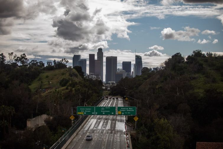 The Freeway 110 on March 19 when all residents of California were ordered to stay at home in a bid to battle the coronavirus pandemic. Seven months later, county officials are warning another lockdown could come if a new surge continues to worsen.