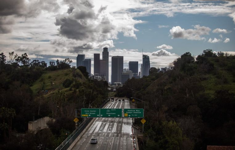 The Freeway 110 on March 19 when all residents of California were ordered to stay at home in a bid to battle the coronavirus pandemic. Seven months later, county officials are warning another lockdown could come if a new surge continues to worsen.