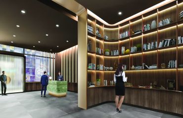 The lobby at 545 Madison Avenue will be renovated with a number of midcentury touches, including a wood paneled library.