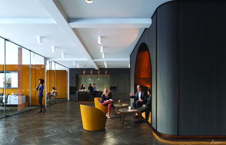 Prebuilt offices upstairs will also be designed in a midcentury style, with dark wood cabinetry and rounded alcove seating areas.