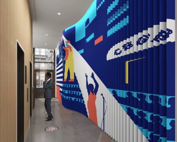 The narrow lobby at 625 Broadway is getting a unique mural painted on a wall of triangular metal blades.