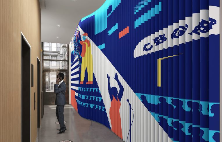 The narrow lobby at 625 Broadway is getting a unique mural painted on a wall of triangular metal blades.