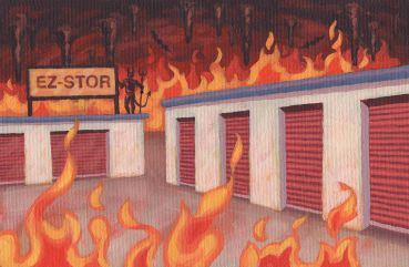 Illustration of a warehouse on fire.