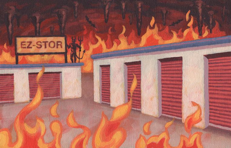 Illustration of a warehouse on fire.