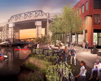 A rendering of Monadnock's new headquarters with a public waterfront esplanade in the Gowanus industrial zone.